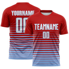 Load image into Gallery viewer, Custom Red White-Light Blue Gradient Pinstripe Sublimation Soccer Uniform Jersey