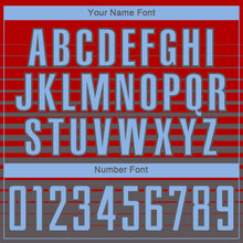 Laden Sie das Bild in den Galerie-Viewer, Custom Red Light Blue-Steel Gray Gradient Pinstripe Sublimation Soccer Uniform Jersey