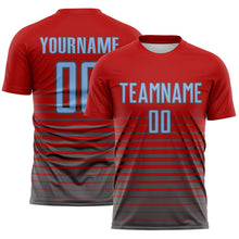 Laden Sie das Bild in den Galerie-Viewer, Custom Red Light Blue-Steel Gray Gradient Pinstripe Sublimation Soccer Uniform Jersey
