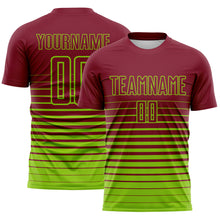Charger l'image dans la galerie, Custom Crimson Neon Green Gradient Pinstripe Sublimation Soccer Uniform Jersey