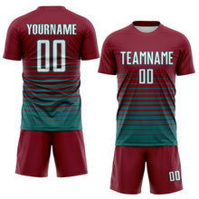 Laden Sie das Bild in den Galerie-Viewer, Custom Crimson White-Teal Gradient Pinstripe Sublimation Soccer Uniform Jersey