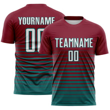 Laden Sie das Bild in den Galerie-Viewer, Custom Crimson White-Teal Gradient Pinstripe Sublimation Soccer Uniform Jersey