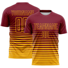 Load image into Gallery viewer, Custom Crimson Gold Gradient Pinstripe Sublimation Soccer Uniform Jersey