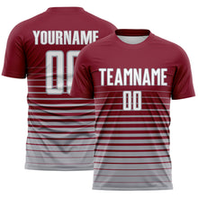 Laden Sie das Bild in den Galerie-Viewer, Custom Crimson White-Gray Gradient Pinstripe Sublimation Soccer Uniform Jersey