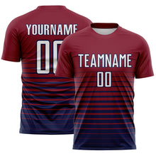 Laden Sie das Bild in den Galerie-Viewer, Custom Crimson White-Navy Gradient Pinstripe Sublimation Soccer Uniform Jersey