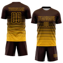 Laden Sie das Bild in den Galerie-Viewer, Custom Brown Gold Gradient Pinstripe Sublimation Soccer Uniform Jersey