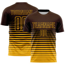 Laden Sie das Bild in den Galerie-Viewer, Custom Brown Gold Gradient Pinstripe Sublimation Soccer Uniform Jersey