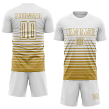 Load image into Gallery viewer, Custom White Old Gold Gradient Pinstripe Sublimation Soccer Uniform Jersey