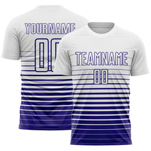 Laden Sie das Bild in den Galerie-Viewer, Custom White Dark Purple Gradient Pinstripe Sublimation Soccer Uniform Jersey