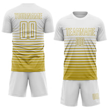 Загрузить изображение в средство просмотра галереи, Custom White Old Gold Gradient Pinstripe Sublimation Soccer Uniform Jersey
