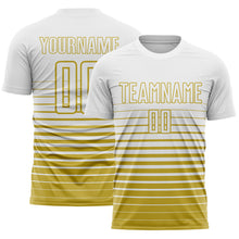 Загрузить изображение в средство просмотра галереи, Custom White Old Gold Gradient Pinstripe Sublimation Soccer Uniform Jersey