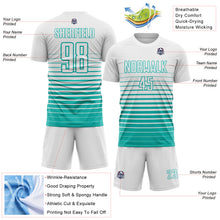 Load image into Gallery viewer, Custom White Aqua Gradient Pinstripe Sublimation Soccer Uniform Jersey