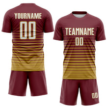 Load image into Gallery viewer, Custom Burgundy White-Old Gold Gradient Pinstripe Sublimation Soccer Uniform Jersey