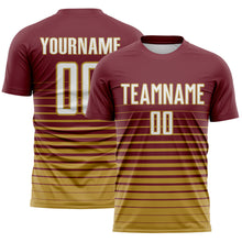 Load image into Gallery viewer, Custom Burgundy White-Old Gold Gradient Pinstripe Sublimation Soccer Uniform Jersey