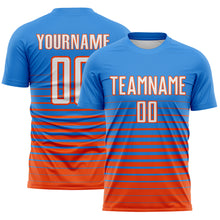 Загрузить изображение в средство просмотра галереи, Custom Powder Blue White-Orange Gradient Pinstripe Sublimation Soccer Uniform Jersey
