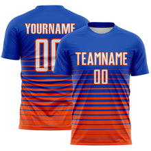 Laden Sie das Bild in den Galerie-Viewer, Custom Thunder Blue White-Orange Gradient Pinstripe Sublimation Soccer Uniform Jersey