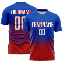 Laden Sie das Bild in den Galerie-Viewer, Custom Thunder Blue White-Red Gradient Pinstripe Sublimation Soccer Uniform Jersey