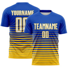 Загрузить изображение в средство просмотра галереи, Custom Thunder Blue White-Yellow Gradient Pinstripe Sublimation Soccer Uniform Jersey