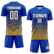 Charger l'image dans la galerie, Custom Thunder Blue White-Old Gold Gradient Pinstripe Sublimation Soccer Uniform Jersey