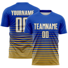 Charger l'image dans la galerie, Custom Thunder Blue White-Old Gold Gradient Pinstripe Sublimation Soccer Uniform Jersey
