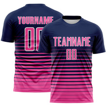 Load image into Gallery viewer, Custom Navy Pink-White Gradient Pinstripe Sublimation Soccer Uniform Jersey