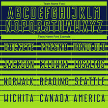 Laden Sie das Bild in den Galerie-Viewer, Custom Navy Neon Green Gradient Pinstripe Sublimation Soccer Uniform Jersey