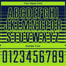 Laden Sie das Bild in den Galerie-Viewer, Custom Navy Neon Green Gradient Pinstripe Sublimation Soccer Uniform Jersey