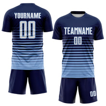 Load image into Gallery viewer, Custom Navy White-Light Blue Gradient Pinstripe Sublimation Soccer Uniform Jersey