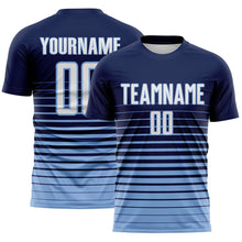 Load image into Gallery viewer, Custom Navy White-Light Blue Gradient Pinstripe Sublimation Soccer Uniform Jersey