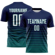 Load image into Gallery viewer, Custom Navy White-Teal Gradient Pinstripe Sublimation Soccer Uniform Jersey