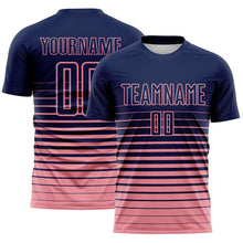 Загрузить изображение в средство просмотра галереи, Custom Navy Medium Pink Gradient Pinstripe Sublimation Soccer Uniform Jersey