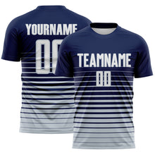 Load image into Gallery viewer, Custom Navy White-Silver Gradient Pinstripe Sublimation Soccer Uniform Jersey