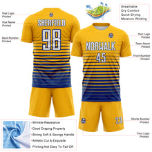 Laden Sie das Bild in den Galerie-Viewer, Custom Gold White-Royal Gradient Pinstripe Sublimation Soccer Uniform Jersey