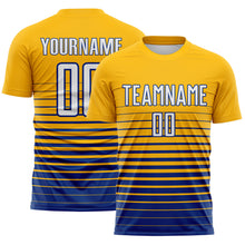 Laden Sie das Bild in den Galerie-Viewer, Custom Gold White-Royal Gradient Pinstripe Sublimation Soccer Uniform Jersey
