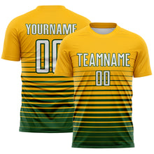 Laden Sie das Bild in den Galerie-Viewer, Custom Gold White-Green Gradient Pinstripe Sublimation Soccer Uniform Jersey