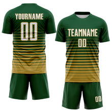 Загрузить изображение в средство просмотра галереи, Custom Green White-Old Gold Gradient Pinstripe Sublimation Soccer Uniform Jersey