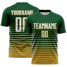 Загрузить изображение в средство просмотра галереи, Custom Green White-Old Gold Gradient Pinstripe Sublimation Soccer Uniform Jersey