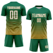 Загрузить изображение в средство просмотра галереи, Custom Kelly Green White-Old Gold Gradient Pinstripe Sublimation Soccer Uniform Jersey