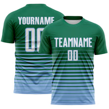 Load image into Gallery viewer, Custom Kelly Green White-Light Blue Gradient Pinstripe Sublimation Soccer Uniform Jersey