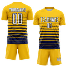 Load image into Gallery viewer, Custom Yellow White-Navy Gradient Pinstripe Sublimation Soccer Uniform Jersey
