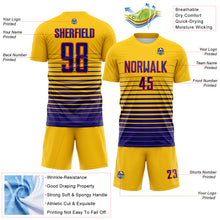 Load image into Gallery viewer, Custom Yellow Dark Purple-Orange Gradient Pinstripe Sublimation Soccer Uniform Jersey