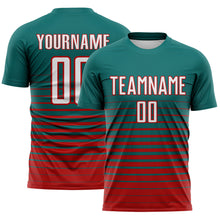 Загрузить изображение в средство просмотра галереи, Custom Teal White-Red Gradient Pinstripe Sublimation Soccer Uniform Jersey