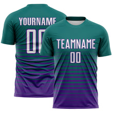Загрузить изображение в средство просмотра галереи, Custom Teal White-Purple Gradient Pinstripe Sublimation Soccer Uniform Jersey