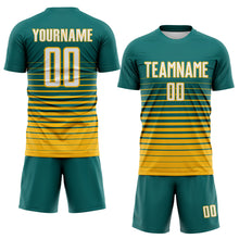 Загрузить изображение в средство просмотра галереи, Custom Teal White-Gold Gradient Pinstripe Sublimation Soccer Uniform Jersey