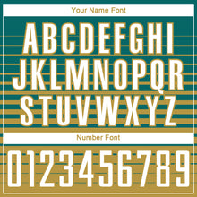 Загрузить изображение в средство просмотра галереи, Custom Teal White-Old Gold Gradient Pinstripe Sublimation Soccer Uniform Jersey