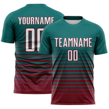 Загрузить изображение в средство просмотра галереи, Custom Teal White-Crimson Gradient Pinstripe Sublimation Soccer Uniform Jersey
