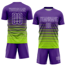 Загрузить изображение в средство просмотра галереи, Custom Purple White-Neon Green Gradient Pinstripe Sublimation Soccer Uniform Jersey