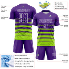 Загрузить изображение в средство просмотра галереи, Custom Purple White-Neon Green Gradient Pinstripe Sublimation Soccer Uniform Jersey