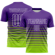 Загрузить изображение в средство просмотра галереи, Custom Purple White-Neon Green Gradient Pinstripe Sublimation Soccer Uniform Jersey