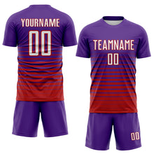 Load image into Gallery viewer, Custom Purple White-Red Gradient Pinstripe Sublimation Soccer Uniform Jersey